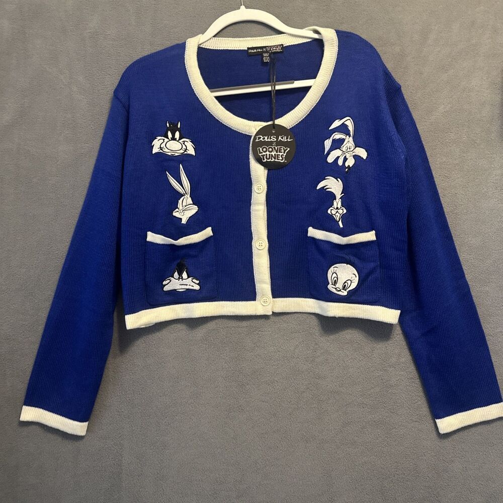 NWT Dolls Kill X Looney Tunes Cropped Cardigan Sweater Womens Plus Size 1X Blue